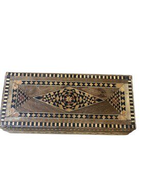Mosaic Wooden Trinket Box 7.5x3.5 Inch Vintage